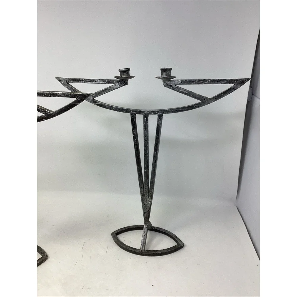 Pair MCM Brutalist Wrought Iron Candlesticks Hand Forged Double Sm Taper 14x14